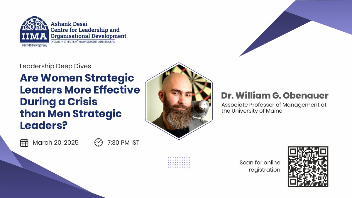 ADCLOD, IIM Ahmedabad (@adcloda) on Twitter photo Join Dr. William G. Obenauer (University of Maine) for a webinar hosted by <a href="/AdclodA/">ADCLOD, IIM Ahmedabad</a> on 20th March 2025 at 7:30 PM IST, exploring "Are Women Strategic Leaders More Effective During a Crisis?"
Register here: iima.zoom.us/webinar/regist…
<a href="/neharik413/">Neharika Vohra</a> Join Dr. William G. Obenauer (University of Maine) for a webinar hosted by <a href="/AdclodA/">ADCLOD, IIM Ahmedabad</a> on 20th March 2025 at 7:30 PM IST, exploring "Are Women Strategic Leaders More Effective During a Crisis?"
Register here: iima.zoom.us/webinar/regist…
<a href="/neharik413/">Neharika Vohra</a>