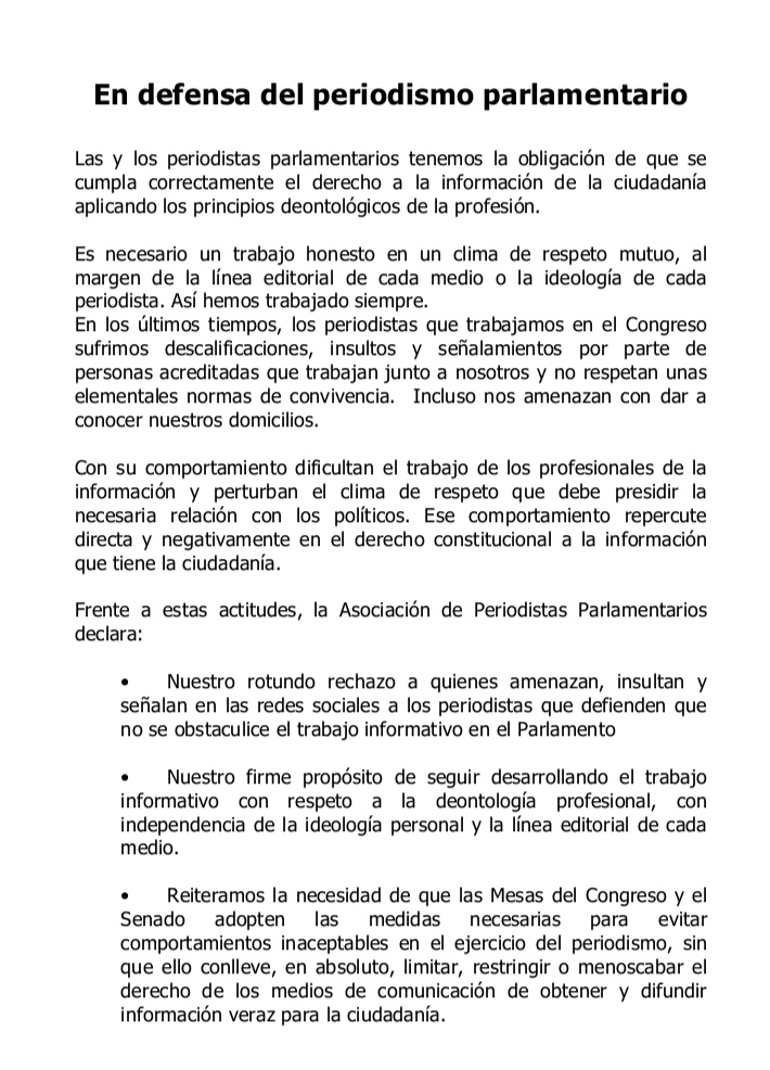 Hoy hemos leído este manifiesto en defensa del periodismo parlamentario. #señalarnoesperiodismo  #señalarnoesinformar