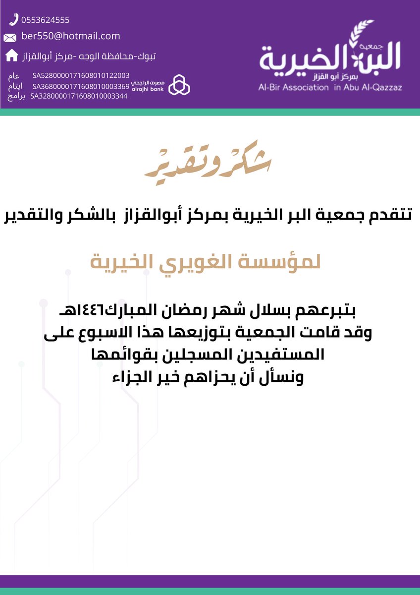#شكر 
تتقدم جمعية البر الخيرية بمركز أبوالقزاز  بالشكر والتقدير لمؤسسة الغويري الخيرية
بتبرعهم بسلال غذائية ،،وقد قامت الجمعية بتوزيعها هذا الاسبوع على المستفيدين المسجلين بقوائمها
<a href="/gforgsa/">مؤسسة الغويري الخيرية</a> 
#تبوك