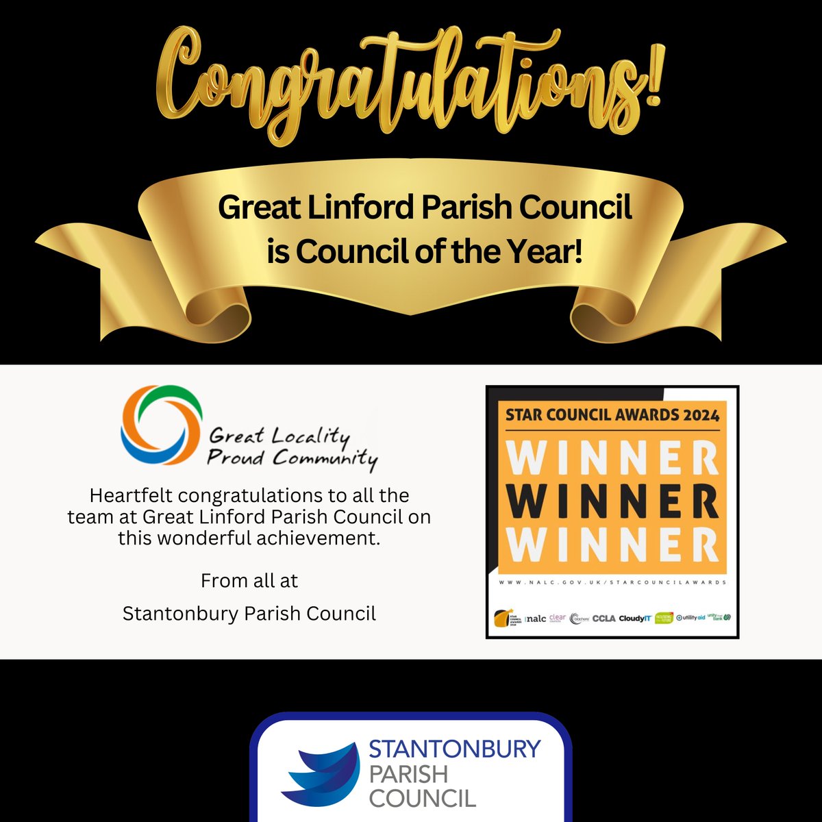 Congratulations to Great Linford Parish Council on a great achievement in winning 'Council Of The Year'.

Well done to all involved!