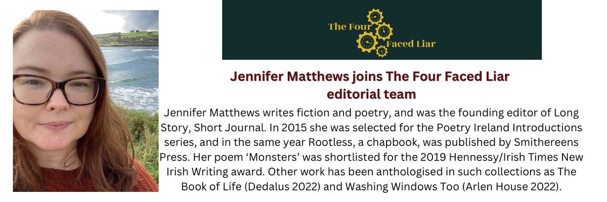 The Four Faced Liar (@the4facedliar) on Twitter photo We’re delighted that Jennifer Matthew’s is joining <a href="/the4facedliar/">The Four Faced Liar</a> editorial team as @rosiemor29 leaves for new pursuits. Jennifer joins <a href="/hollowaywriter2/">Patrick Holloway</a> <a href="/sbrophy85/">Stephen Brophy</a> & <a href="/SineadGrif/">Sinéad Griffin</a> on the editorial team <a href="/poetryireland/">Poetry Ireland / Éigse Éireann</a> <a href="/IrishWritersCtr/">Irish Writers Centre</a> <a href="/writing_ie/">writing.ie</a> <a href="/PENIreland/">Irish PEN</a> <a href="/MunLitCentre/">Munster Literature Centre</a> We’re delighted that Jennifer Matthew’s is joining <a href="/the4facedliar/">The Four Faced Liar</a> editorial team as @rosiemor29 leaves for new pursuits. Jennifer joins <a href="/hollowaywriter2/">Patrick Holloway</a> <a href="/sbrophy85/">Stephen Brophy</a> & <a href="/SineadGrif/">Sinéad Griffin</a> on the editorial team <a href="/poetryireland/">Poetry Ireland / Éigse Éireann</a> <a href="/IrishWritersCtr/">Irish Writers Centre</a> <a href="/writing_ie/">writing.ie</a> <a href="/PENIreland/">Irish PEN</a> <a href="/MunLitCentre/">Munster Literature Centre</a>