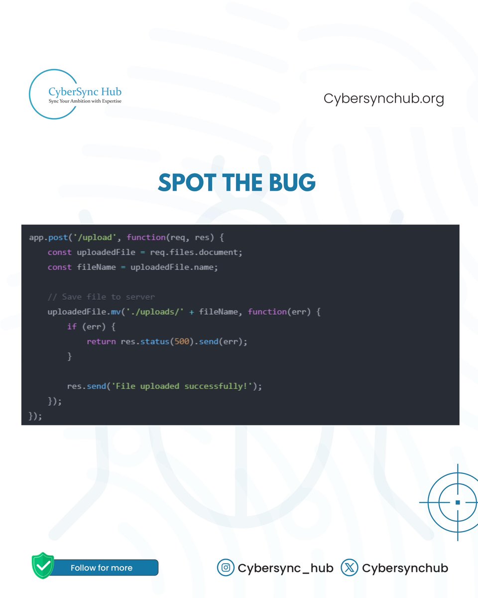CyberSyncHub's tweet image. Can you find the security vulnerability in this code? 

Take a look and share your thoughts in the comments

 #DevSecOps #AppSec #SecureCoding #LearnCybersecurity #CyberSyncHub #TechLiteracy #CyberSecurity
