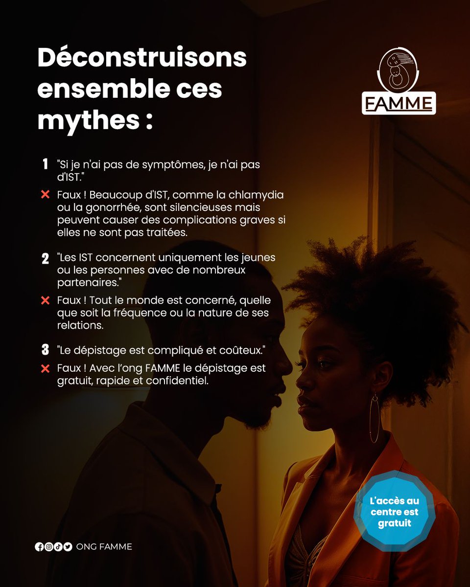 ONGFAMME's tweet photo. 💭 Et si ce que vous pensiez savoir sur les IST était incomplet ?
Les infections sexuellement transmissibles (IST) sont souvent entourées d'idées reçues qui peuvent vous empêcher de prendre les bonnes décisions. 🚫
💡 Déconstruisons ensemble ces mythes https://t.co/O5PJobH1tE