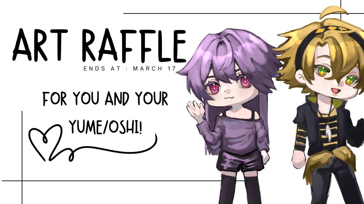 ──★ ART RAFFLE

Im so happy ive reached 400+ !! ദ്ദി •⩊• ) In celebration, let me draw your yumeship!!

or you and your otome favorite!

 to enter please:
♡ follow, like, and retweet
♡ drop a picture of your yume/oshi (optional)
#yumetwt #otometwt