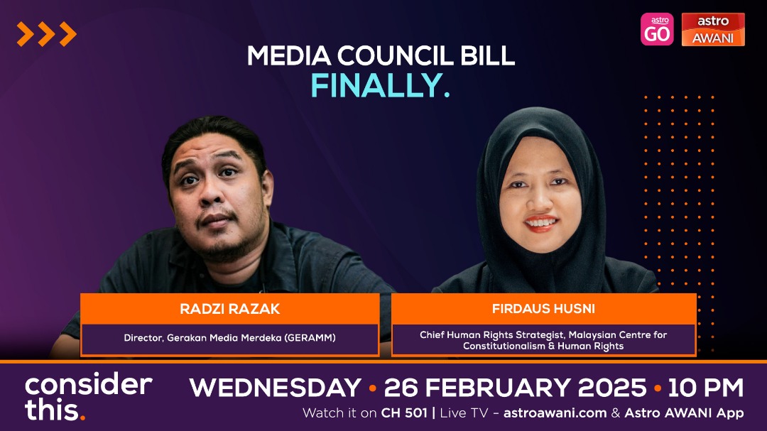 Melisa Melina Idris (@melisa_idris) on Twitter photo Malaysia’s long-awaited Media Council Bill will soon pave the way for the country’s first-ever self-regulatory industry body. But how independent will it really be? On #ConsiderThis I ask Radzi Razak <a href="/lexradz/">Radzi Razak</a> <a href="/MediaGeramm/">GerakanMediaMerdeka</a> & <a href="/firdaus_h/">Firdaus Husni</a> <a href="/PusatRakyatLB/">MCCHR Pusat Rakyat LB</a> what concerns they may have. Malaysia’s long-awaited Media Council Bill will soon pave the way for the country’s first-ever self-regulatory industry body. But how independent will it really be? On #ConsiderThis I ask Radzi Razak <a href="/lexradz/">Radzi Razak</a> <a href="/MediaGeramm/">GerakanMediaMerdeka</a> & <a href="/firdaus_h/">Firdaus Husni</a> <a href="/PusatRakyatLB/">MCCHR Pusat Rakyat LB</a> what concerns they may have.