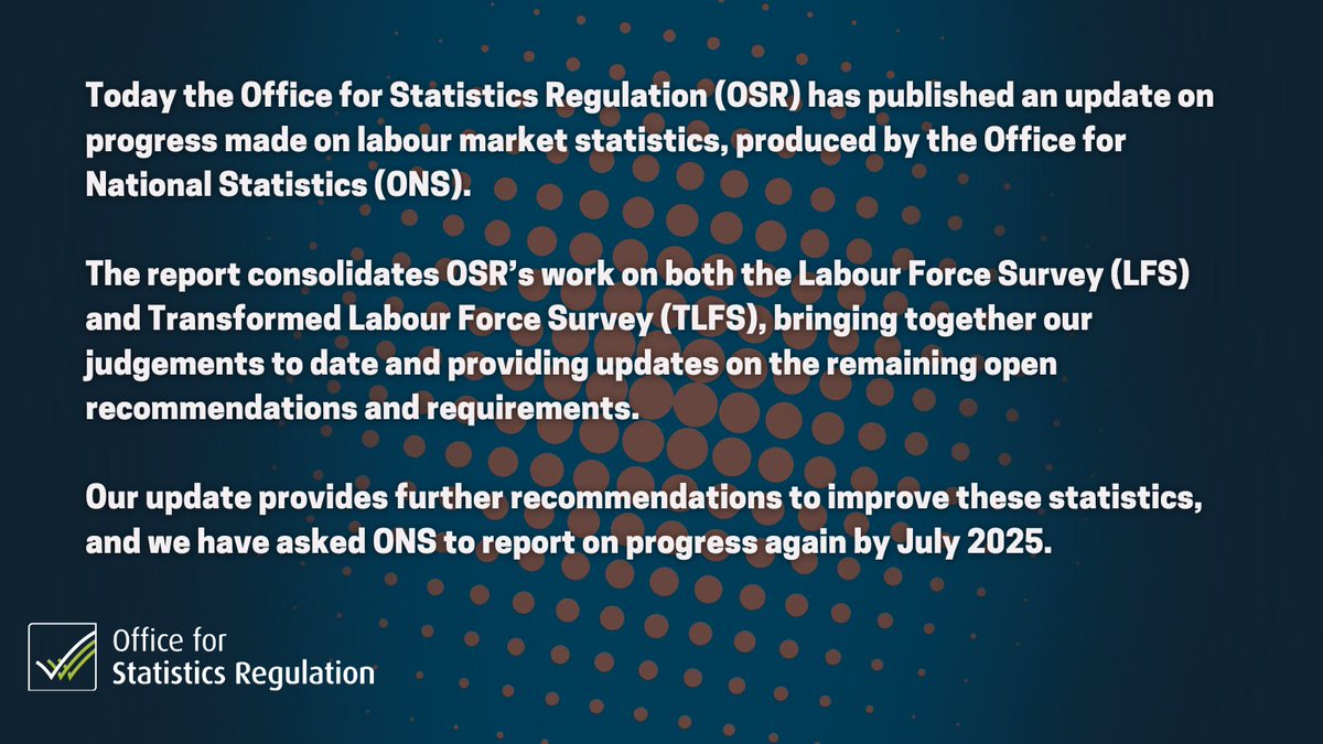 Office for Statistics Regulation (@statsregulation) on Twitter photo Today we have published an update on progress made on labour market statistics, produced by <a href="/ONS/">Office for National Statistics (ONS)</a> osr.statisticsauthority.gov.uk/news/update-on… Today we have published an update on progress made on labour market statistics, produced by <a href="/ONS/">Office for National Statistics (ONS)</a> osr.statisticsauthority.gov.uk/news/update-on…
