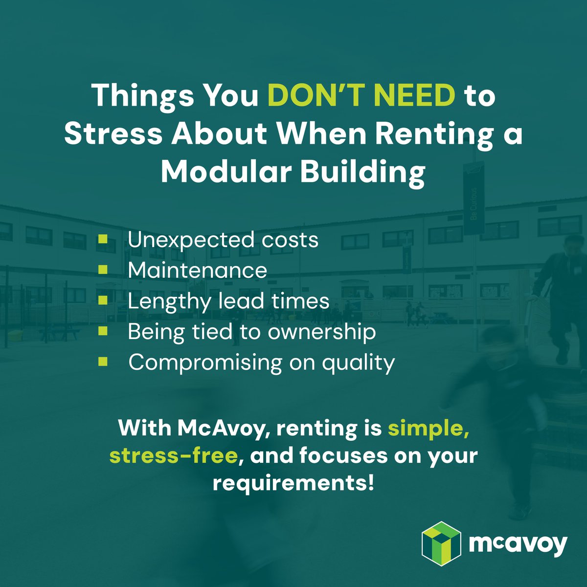 Does the thought of #renting a building feel overwhelming? 

#Rentedbuildings offer a flexible, cost-effective solution that allows you to rapidly enhance your facilities whilst managing resources wisely.

🔗 Discover the benefits of rental here:

 mcavoygroup.com/why-choose-ren…