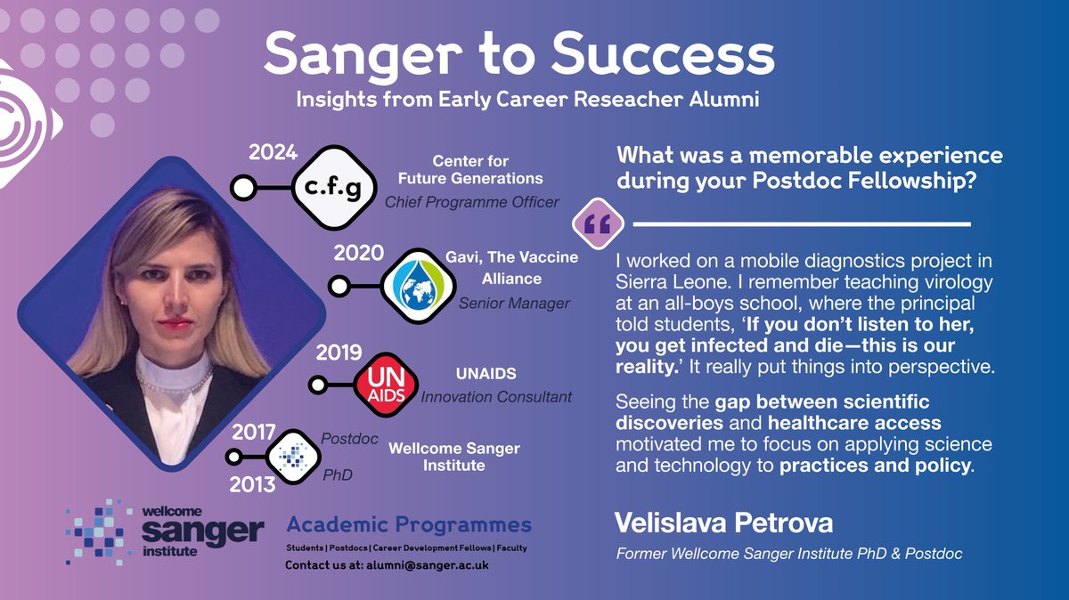 Introducing our Sanger Alumni Series ⭐

From sequencing viruses at Sanger to shaping global health policy, Velislava Petrova has taken her career beyond academia!

Her advice? Build a broad network &amp; keep an open mind—science isn’t just academia!

#SangerAlumni #SangerSpotlight