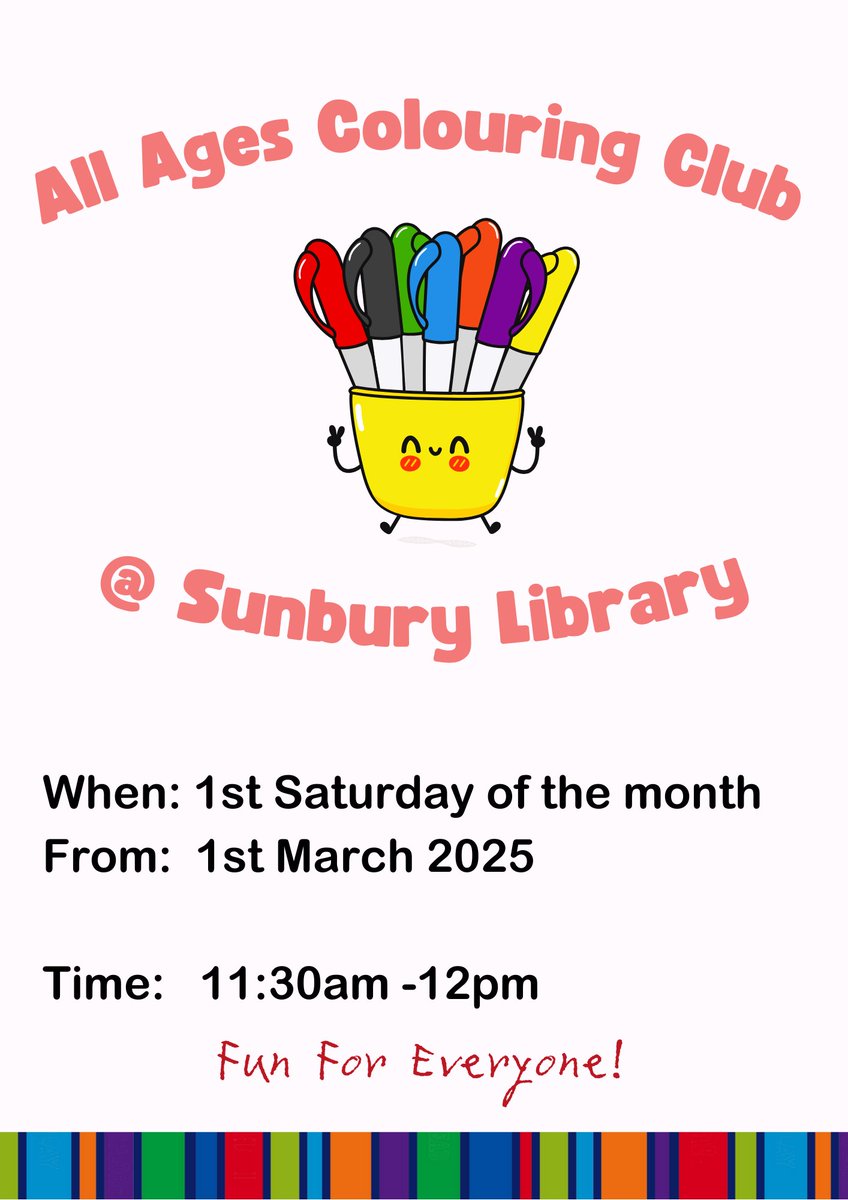 SunburyLibrary's tweet image. Join in with our new Family Colouring Club @SunburyLibrary @SurreyLibraries 
The fun starts this Saturday at 11.30am
Then the 1st Saturday of each month
see you there!!
#LoveLibraries
#FunForAll