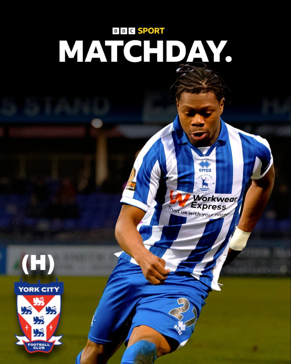 A massive test from down the road.

🔵 Pools 🆚 York City 🔴
🏟️ The Prestige Group Stadium
⏰ KO 15:00
🎙️ <a href="/Harry_Roy_/">Harry Roy</a> 
🗣️ <a href="/RobLawTees/">Rob Law</a> &amp; <a href="/higs8/">Craig Hignett</a> 

#Pools | #HUFC | #BBCFootball