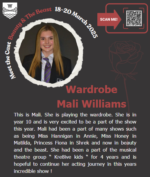 ⭐️🥀MEET THE CAST 🥀⭐️
Today, we’re shining a spotlight on: Mali
🎟️Tickets are selling fast, don’t miss your chance to join us for this magical production. 
📅 18-20 March 2025
📍Chepstow School  
💻Book via 👉buff.ly/42g7dRt