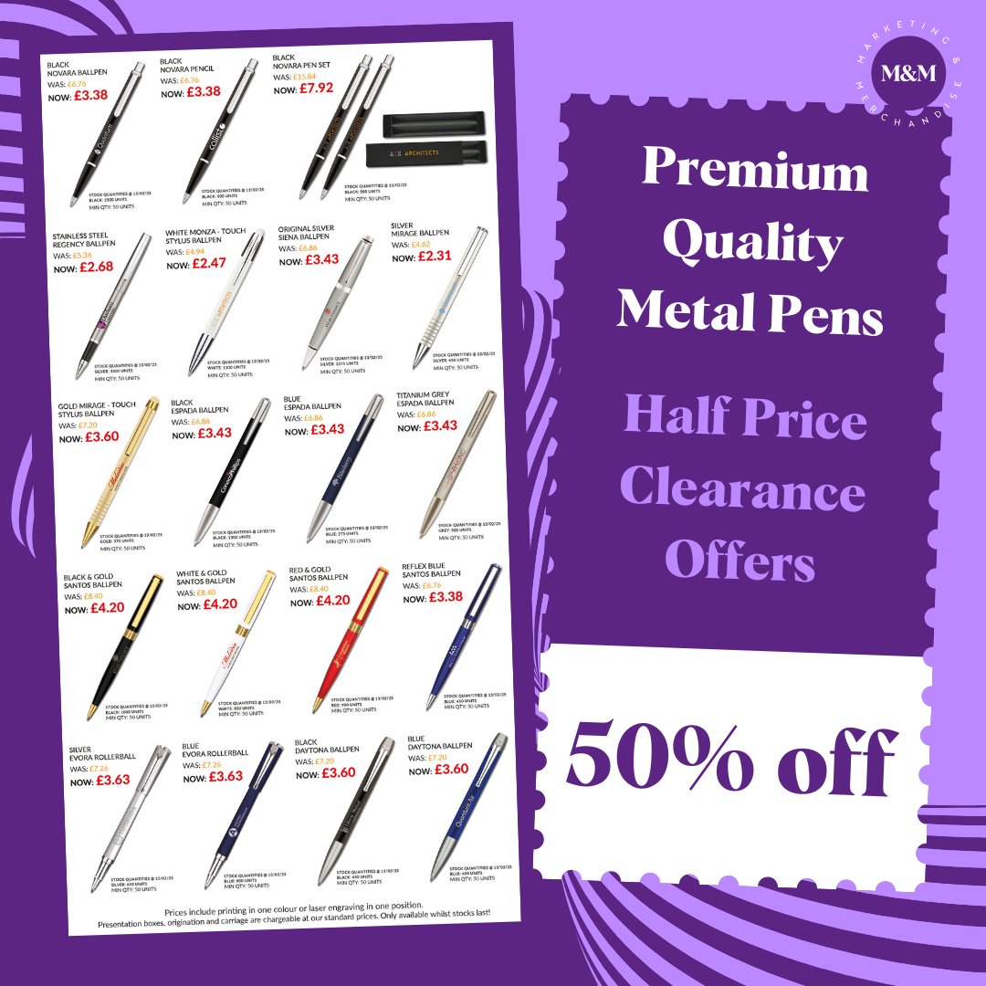 M&M Marketing & Merchandise (@marketingmerch) on Twitter photo 🚨 HALF-PRICE CLEARANCE ALERT! 🚨
Premium quality metal pens at 50% OFF – once they’re gone, they’re gone! ✍️✨
🔥 Limited stock – act fast! 🔥 sales@marketing-merchandise.co.uk
#ClearanceSale #BrandedMerch #PromotionalPens #Marketing #Merchandise 🚨 HALF-PRICE CLEARANCE ALERT! 🚨
Premium quality metal pens at 50% OFF – once they’re gone, they’re gone! ✍️✨
🔥 Limited stock – act fast! 🔥 sales@marketing-merchandise.co.uk
#ClearanceSale #BrandedMerch #PromotionalPens #Marketing #Merchandise