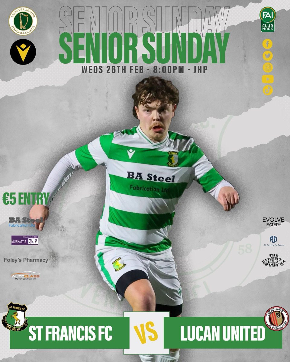 St Francis FC Seniors (@seniorsst) on Twitter photo Fixture News |
<a href="/LSLLeague/">Leinster Senior League</a> Senior Sunday
We welcome <a href="/lucanunited/">Lucan United FC</a> to JHP tonight for what will be another entertaining encounter .
Kick off 8pm - Don’t Miss it 🔥
<a href="/AlQuinn2015/">LSL Live Update’s</a> | #lsllivescore | 🟢🔴 | Fixture News |
<a href="/LSLLeague/">Leinster Senior League</a> Senior Sunday
We welcome <a href="/lucanunited/">Lucan United FC</a> to JHP tonight for what will be another entertaining encounter .
Kick off 8pm - Don’t Miss it 🔥
<a href="/AlQuinn2015/">LSL Live Update’s</a> | #lsllivescore | 🟢🔴 |