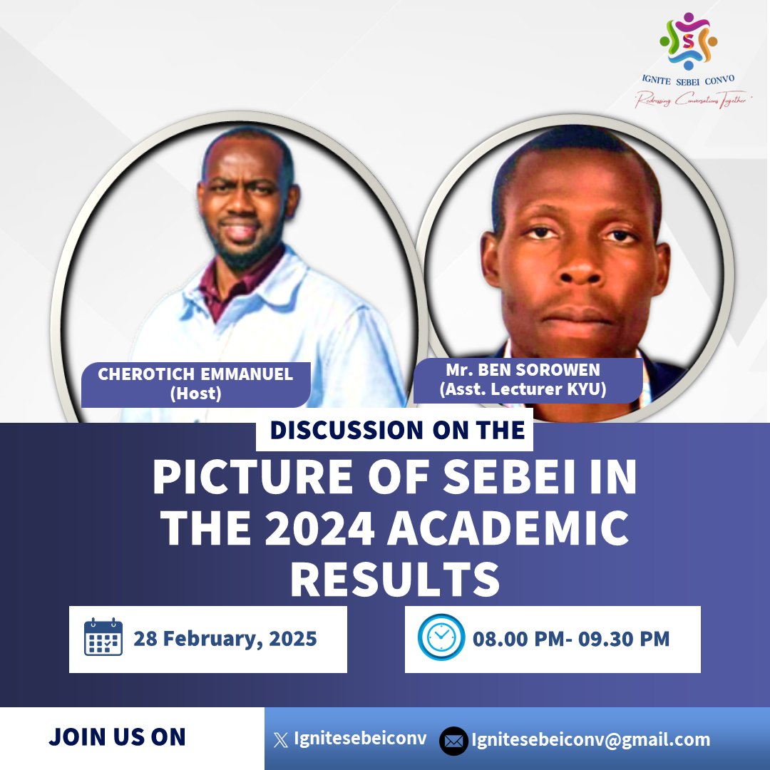 IgniteSebeiConvo (@ignitesebeiconv) on Twitter photo Dear all,
Welcome to our progressive conversations on Sebei Subregion’s academic performance, as revealed in the recent academic results.
We’re delighted to have you join us. Let’s explore and analyze these findings together.<a href="/BenSorowen/">Ben Sorowen</a>
X Space Link;
x.com/i/spaces/1ZkJz… Dear all,
Welcome to our progressive conversations on Sebei Subregion’s academic performance, as revealed in the recent academic results.
We’re delighted to have you join us. Let’s explore and analyze these findings together.<a href="/BenSorowen/">Ben Sorowen</a>
X Space Link;
x.com/i/spaces/1ZkJz…