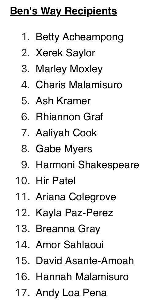 Congratulations to these amazing <a href="/fcsdhighschool/">Ryan Bellamy</a> students nominated by their teachers to receive the Ben’s Way Award. They embody the character traits of kindness, encouragement, and acceptance, to name a few, of the late Ben Morrison. Learn more here: 
benmorrisonfund.org/ben%E2%80%99s-…