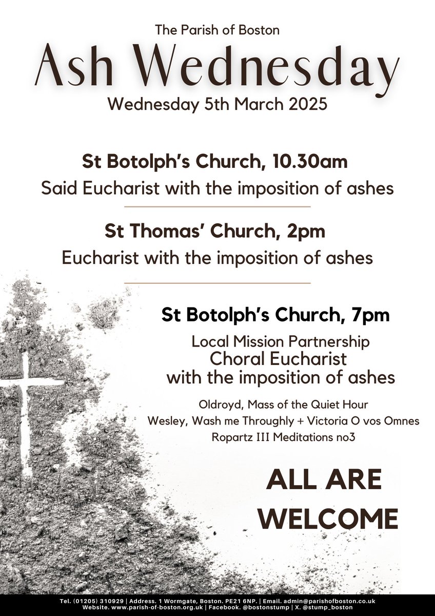 Ash Wednesday is next week. Please see a list of services taking place throughout the Parish.

The Enquirers' Course and Lent Course start the following week, please see attached posters for more information.

We look forward to welcoming you!
