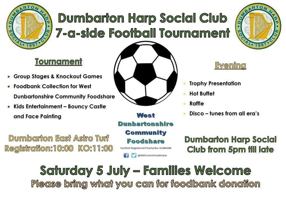 ⚽️🏆🍻 HARP FOOTBALL TOURNEY 🍻🏆⚽️

Our annual football tournament takes place on Sat 5th July. We’d ask everyone attending to bring a bag for the local foodbank. Plenty to do for the kids during the day as well as a food stall and icey then a wee party @ night in The Club 🎼