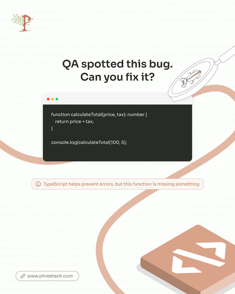 PhreeTechLabs's tweet image. 🚨 QA found a bug! Can you fix it? 🚨

This TypeScript function is missing something... but what? 🤔

Drop your fix in the replies! 👇

 #DevLife #BugHunt #TypeScript