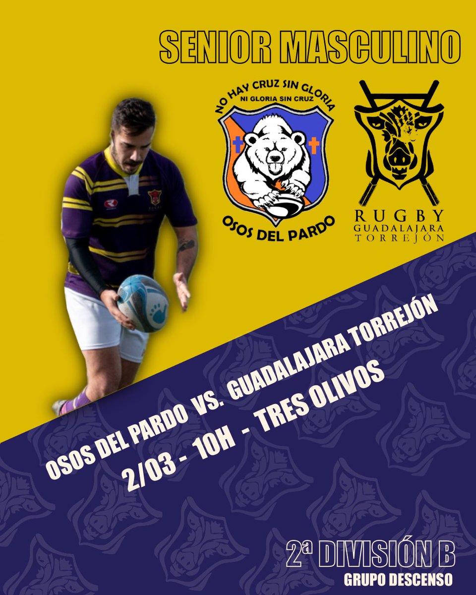 Horario de la jornada del domingo 2 de marzo,con único partido del masculino. Las demás categorías descansan.

🐗senior masculino 
🆚 Osos del pardo 
🕒10H
🏟️tres olivos