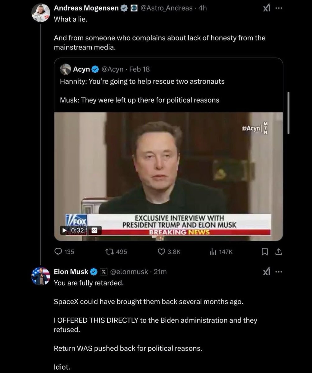 Musk trash talks Canada 🇨🇦 

Musk calls the commander of the International Space Station “fully retarded” 👨‍🚀

What an admirable leader 🤣