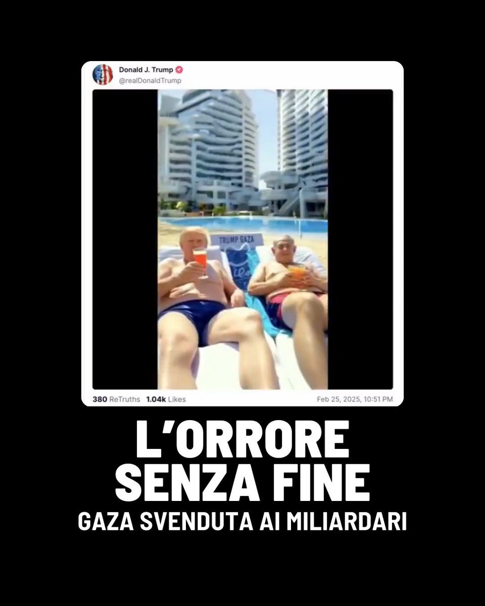 marcofurfaro's tweet photo. Oltre l’orrore.

Donald Trump ha pubblicato un video generato con l’intelligenza artificiale in cui Gaza, ridotta in macerie, diventa un resort di lusso. In cui lui e Netanyahu, sdraiati sui lettini, si godono il sole e il cocktail. In cui Elon Musk passeggia tra banconote che gli piovono addosso e mangia hummus sulla spiaggia. 

Ballano, ridono, si godono i soldi e il sole su un cimitero di decine di migliaia di innocenti.

Il cinismo più spregiudicato elevato a propaganda.

Ma la parte peggiore non è la messinscena, non sono gli effetti speciali da cartolina. È il messaggio dietro questa follia.

Per Trump, Gaza non è una terra martoriata dalla guerra, ma un "affare immobiliare". E come si realizza questo sogno delirante? Deportando due milioni di persone per trasformarla in un parco giochi per miliardari.

Non è solo disumanità. È l’ennesima conferma di cosa sia diventata la destra internazionale: un’élite di cinici miliardari che si spartisce il mondo mentre gli altri muoiono di fame.

La Presidente del Consiglio Giorgia Meloni prenda immediatamente le distanze da questo orrore. Dica qualcosa. Va bene anche un bau bau.