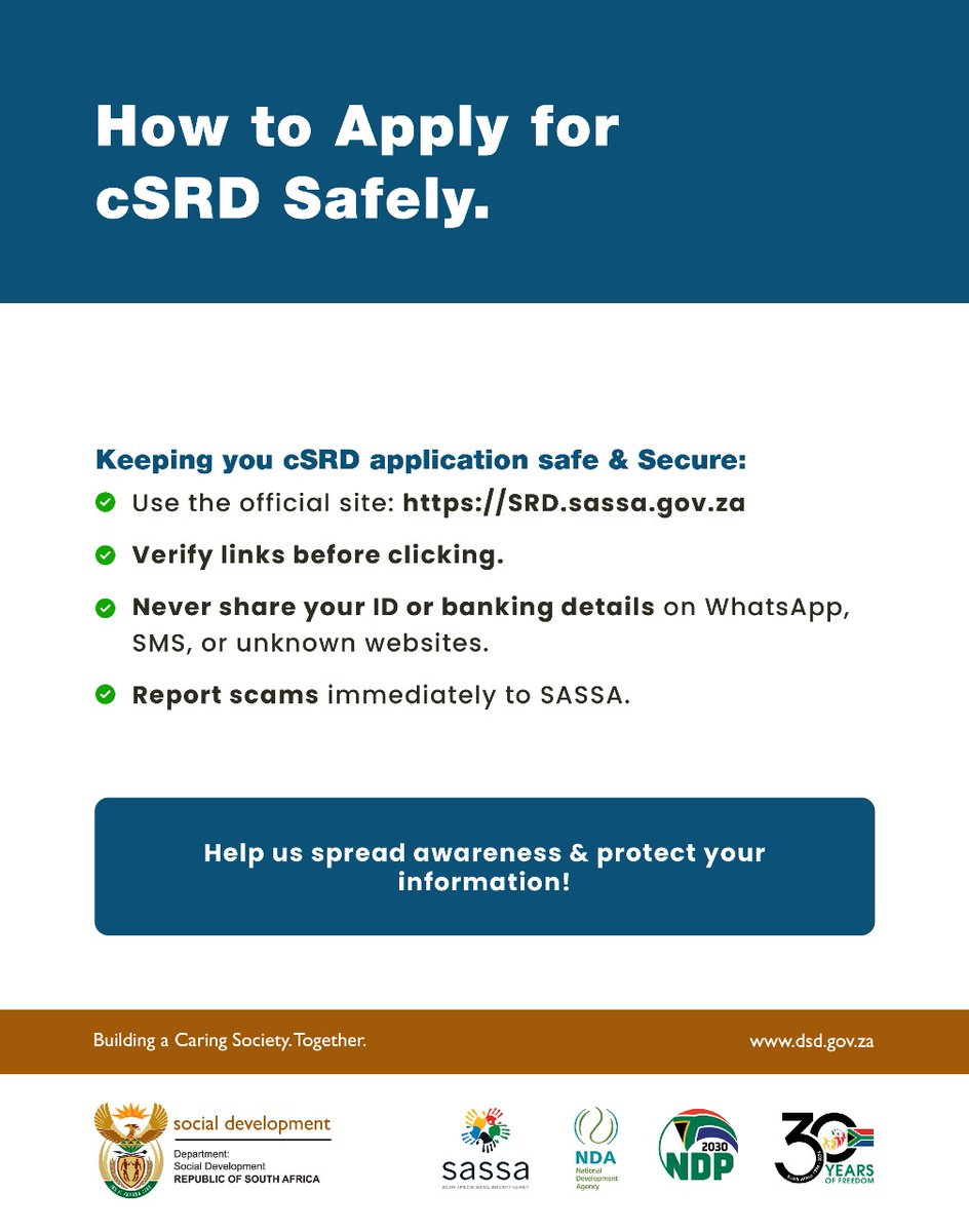 OfficialSASSA's tweet image. #SocialSecurityForAll
#SRDUpdate
#DSDOversight
#ProtectYourGrant