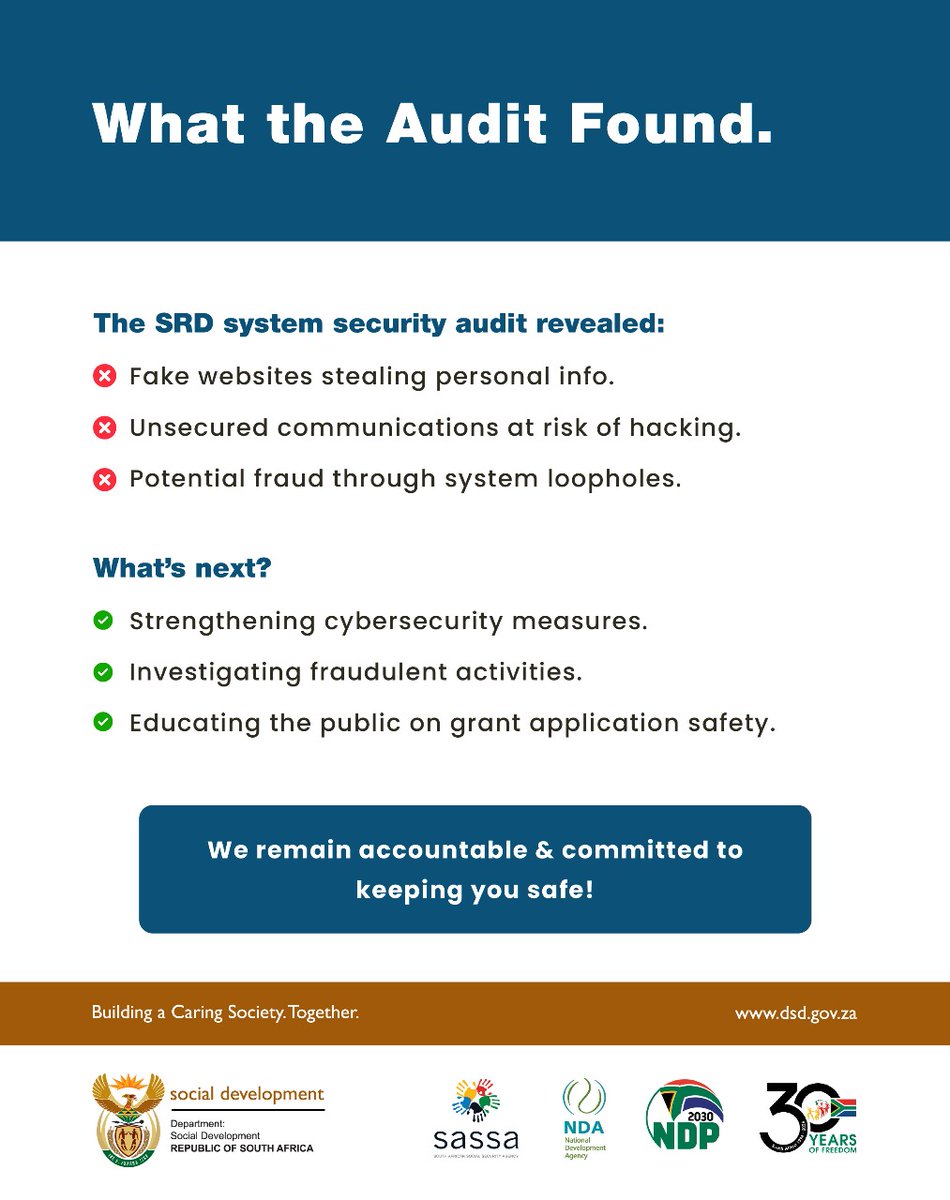 OfficialSASSA's tweet image. #SocialSecurityForAll
#SRDUpdate
#DSDOversight
#ProtectYourGrant