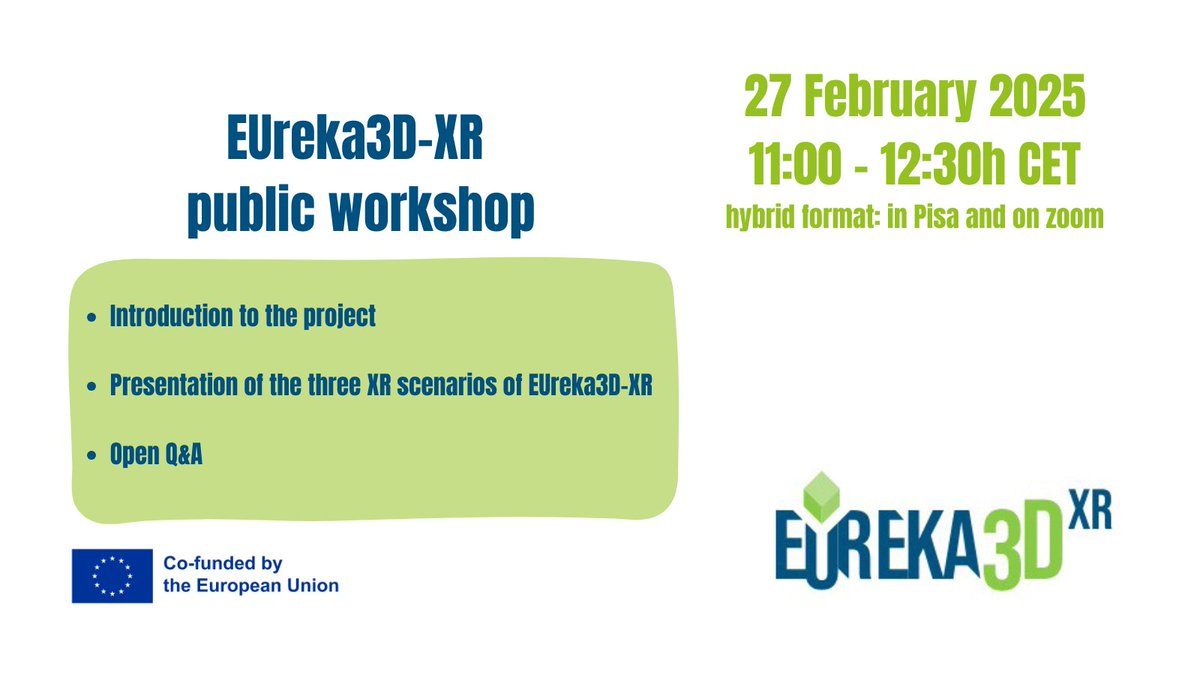 PhotoConsortium (@photoconsortium) on Twitter photo Join EUreka3D-XR's kick off!🚀
The hybrid workshop planned for tomorrow will present the project and the three use cases that make use of the project’s tool to create XR experiences.
🗓️ 27thFebruary at 11:00 – 12:30h CET in Pisa and online
<a href="/eureka_3d/">EUreka3D-XR</a> Join EUreka3D-XR's kick off!🚀
The hybrid workshop planned for tomorrow will present the project and the three use cases that make use of the project’s tool to create XR experiences.
🗓️ 27thFebruary at 11:00 – 12:30h CET in Pisa and online
<a href="/eureka_3d/">EUreka3D-XR</a>