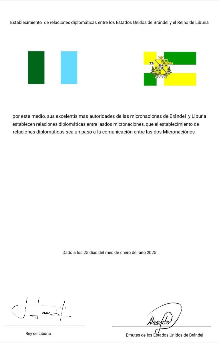 Establecimiento oficial de relaciones diplomáticas entre los Estados Unidos de Brándel y el Reino de Liburia.