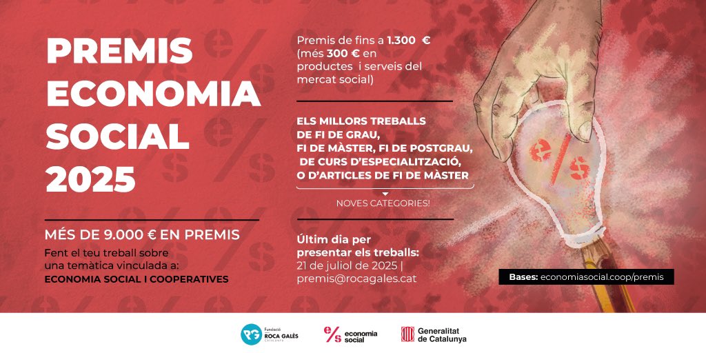 🔊 Premis Economia Social 2025 als millors treballs universitaris sobre l'economia social i les cooperatives
 
📅 21 de juliol: Últim dia per presentar els treballs!
 
🏆 Més de 9.000€ en premis!
 
ℹ️ Més informació i bases dels premis:  
 
economiasocial.coop/premis
 
<a href="/rocagales/">rocagales</a>