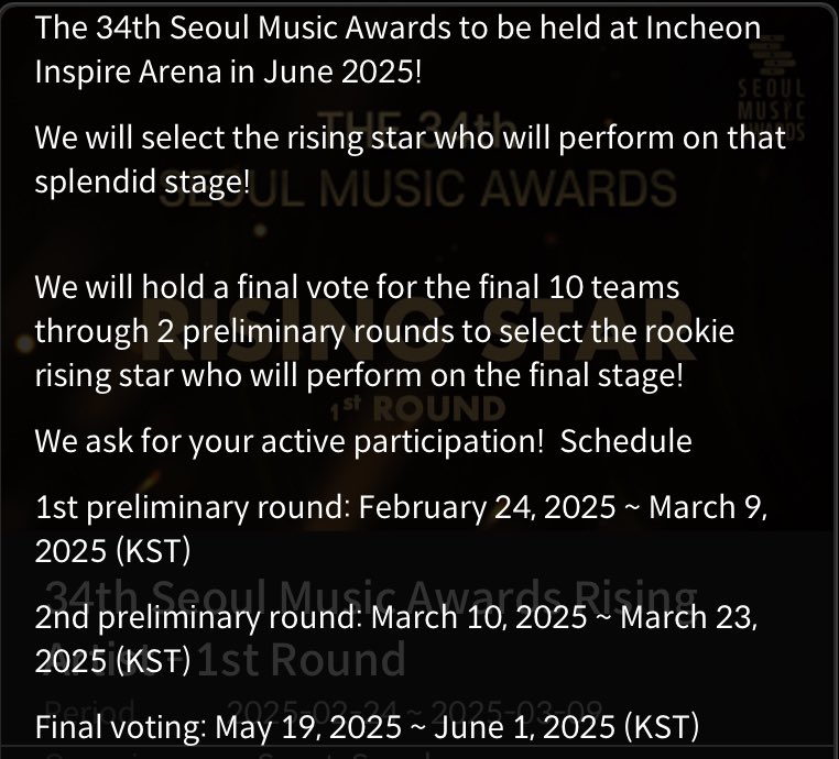 xingermany's tweet photo. [📢] The 34th Seoul Music Awards - Rising Star 1st Round Voting via K-Pop Seoul App

Im Juni 2025 werden die 34. Seoul Music Awards in der Incheon Inspire Arena stattfinden und X:IN ist als „Rising Star“ nominiert.

In der K-Pop Seoul App findet die Abstimmung statt und es wird drei Runden geben. Der Sieger wird bei den 34. Seoul Music Awards auftreten dürfen.

Die erste Runde hat bereits begonnen und um die zweite Runde zu kommen, müssen wir in den Top 30 sein.