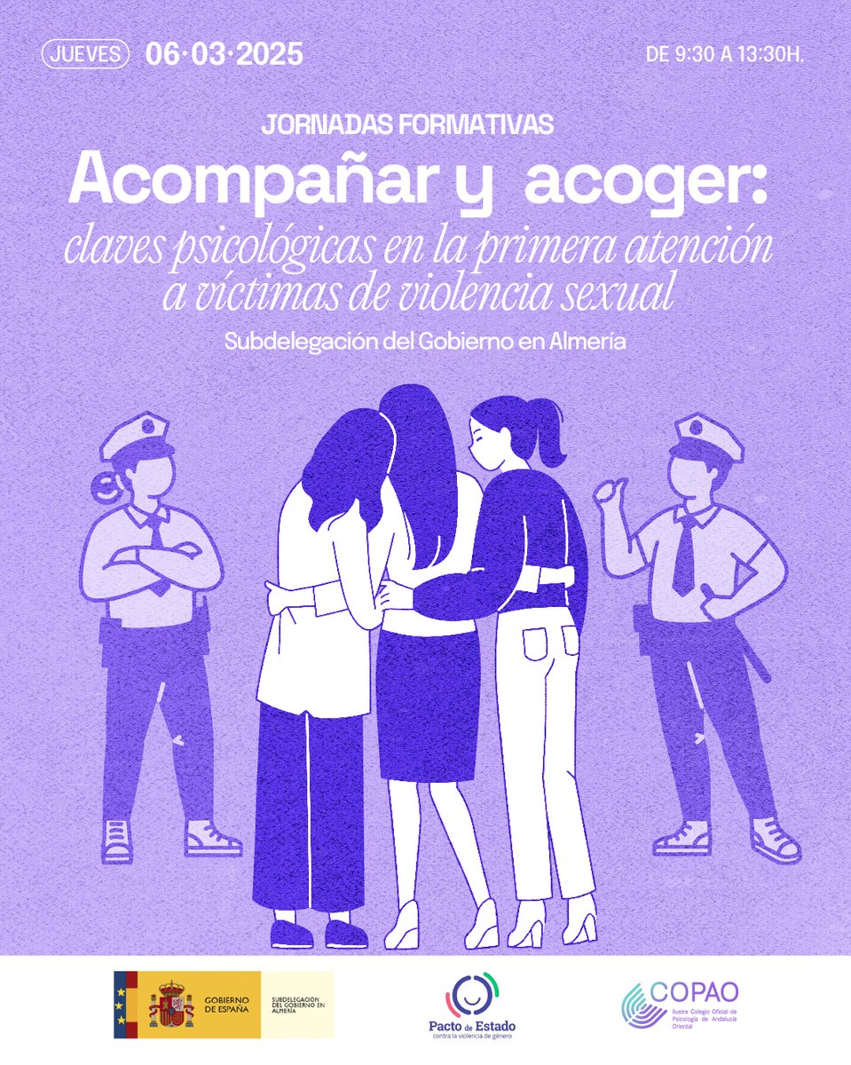 El jueves 6 de marzo organizamos en #Almería la jornada formativa 'Acompañar y acoger: claves psicológicas en la primera atención a víctimas de #violenciasexual' en la que hablaremos de la primera acogida a las víctimas y la interseccionalidad en el proceso judicial y psicológico