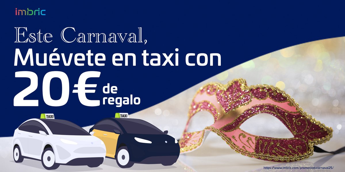 ¿Pensando en disfrutar del #Carnaval? 🎭  Muévete cómodamente en taxi, ahora, con hasta 20€ de #regalo.

Desde el 26/02 hasta el 06/03, viaja en #taxi con #Imbric con: ¡hasta 20€ de #regalo para tus próximos 4 #viajes!

Código: CARNAVAL25

Aplicar promo: ow.ly/RhZx50V6LvJ