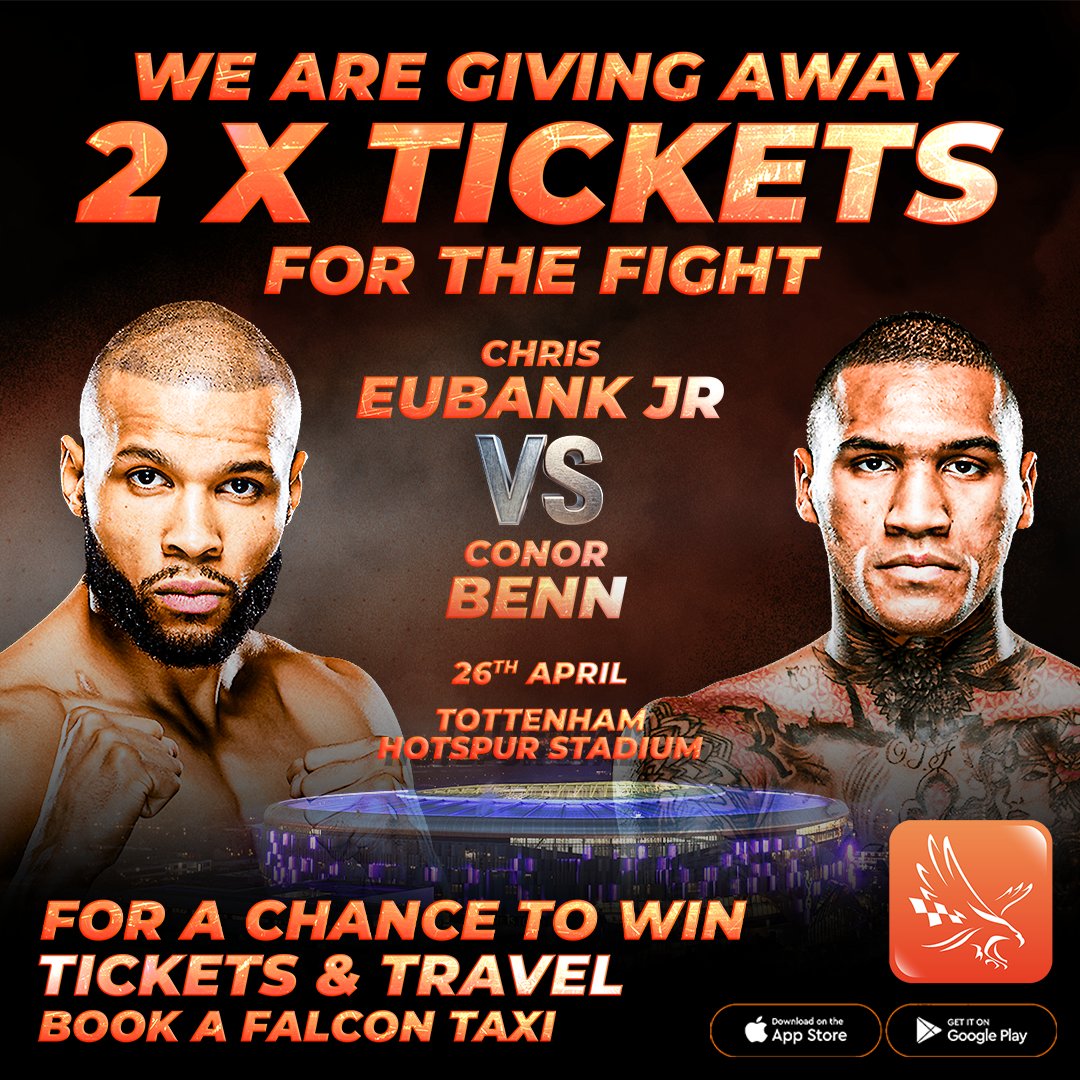 FalconTaxis247's tweet image. Falcon Taxis Giveaway! 🎉

Win 2 tickets + free transport to Eubank vs Benn at Tottenham Stadium on the 26th April! 🥊🚗

📅 How to Enter: 
Simply book a ride with Falcon Taxis for a chance to win!

Don’t miss out—enter now! 🎟🔥 #FalconTaxis #EubankVsBenn