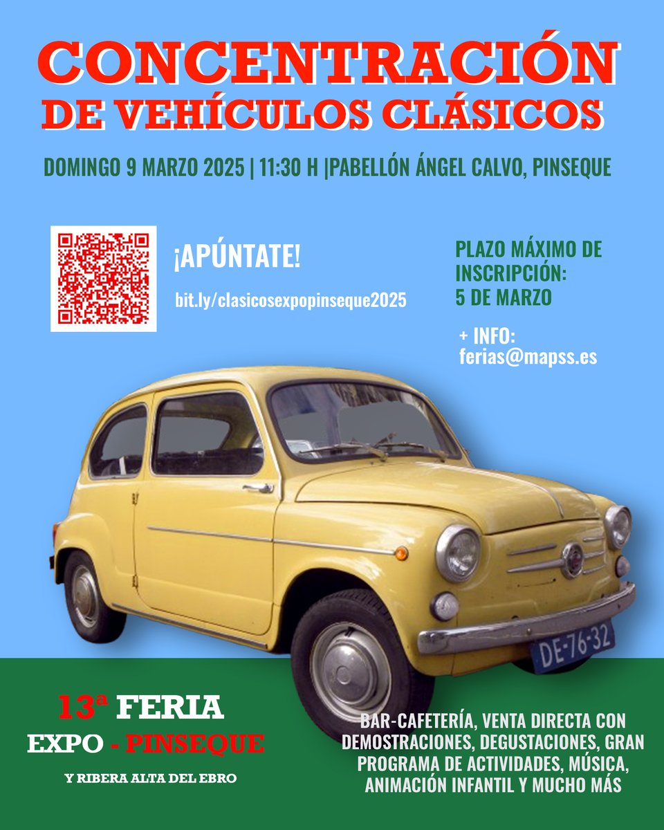 MAPSSferias's tweet photo. Si eres un amante de los coches de época, no puedes perderte la Concentración de Vehículos Clásicos el domingo 9 de marzo en la Feria Expo Pinseque. 
Y si tienes un clásico, ¡anímate a participar! Las inscripciones están abiertas hasta el miércoles 5 de marzo.

#expopinseque https://t.co/nQlpcfLuy7