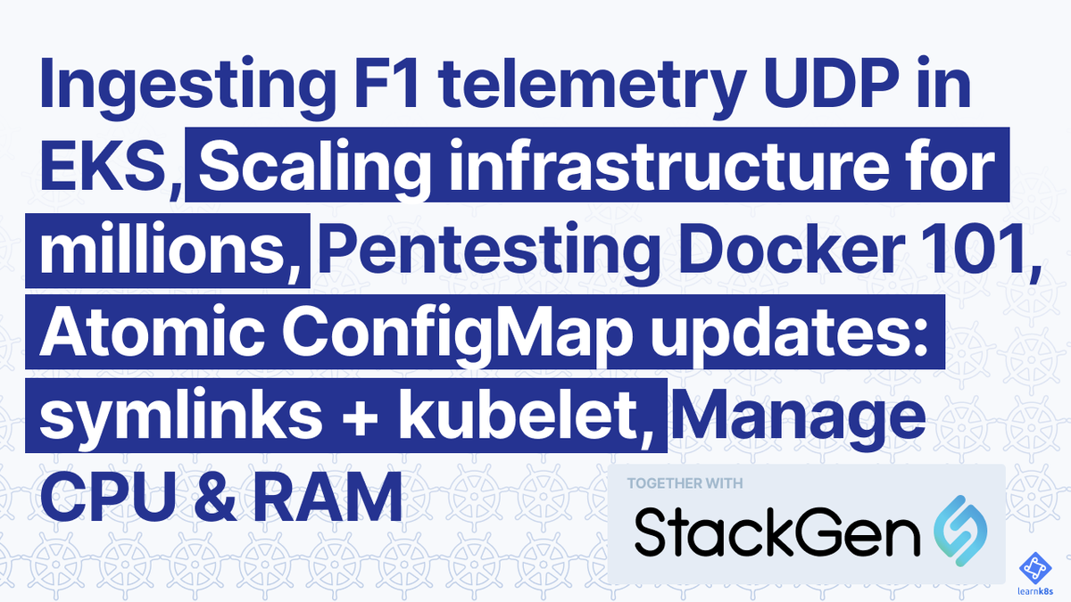 learnk8s's tweet image. This week on the Learn Kubernetes Weekly:
🏎️ Ingesting F1 telemetry in EKS
🏆 Scaling infrastructure for millions
🥷 Pentesting Docker
⚛️ Atomic ConfigMap updates
🪫 How to manage CPU and RAM!
Read it now: learnk8s.io/issues/120
🌟 @stackgenai