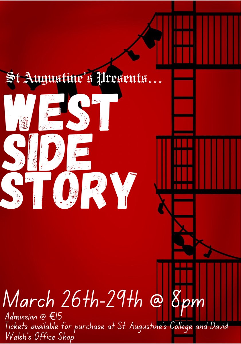 St. Augustine's (@friarycollege) on Twitter photo Support Our TY Musical – West Side Story!
We’re looking for local businesses to support this exciting production by:
Becoming a main sponsor
Sponsoring an advert in our programme
Donating a spot prize
📞 Contact us at 058-481140
📧 Email: info@staugustines.ie
Thank you. Support Our TY Musical – West Side Story!
We’re looking for local businesses to support this exciting production by:
Becoming a main sponsor
Sponsoring an advert in our programme
Donating a spot prize
📞 Contact us at 058-481140
📧 Email: info@staugustines.ie
Thank you.