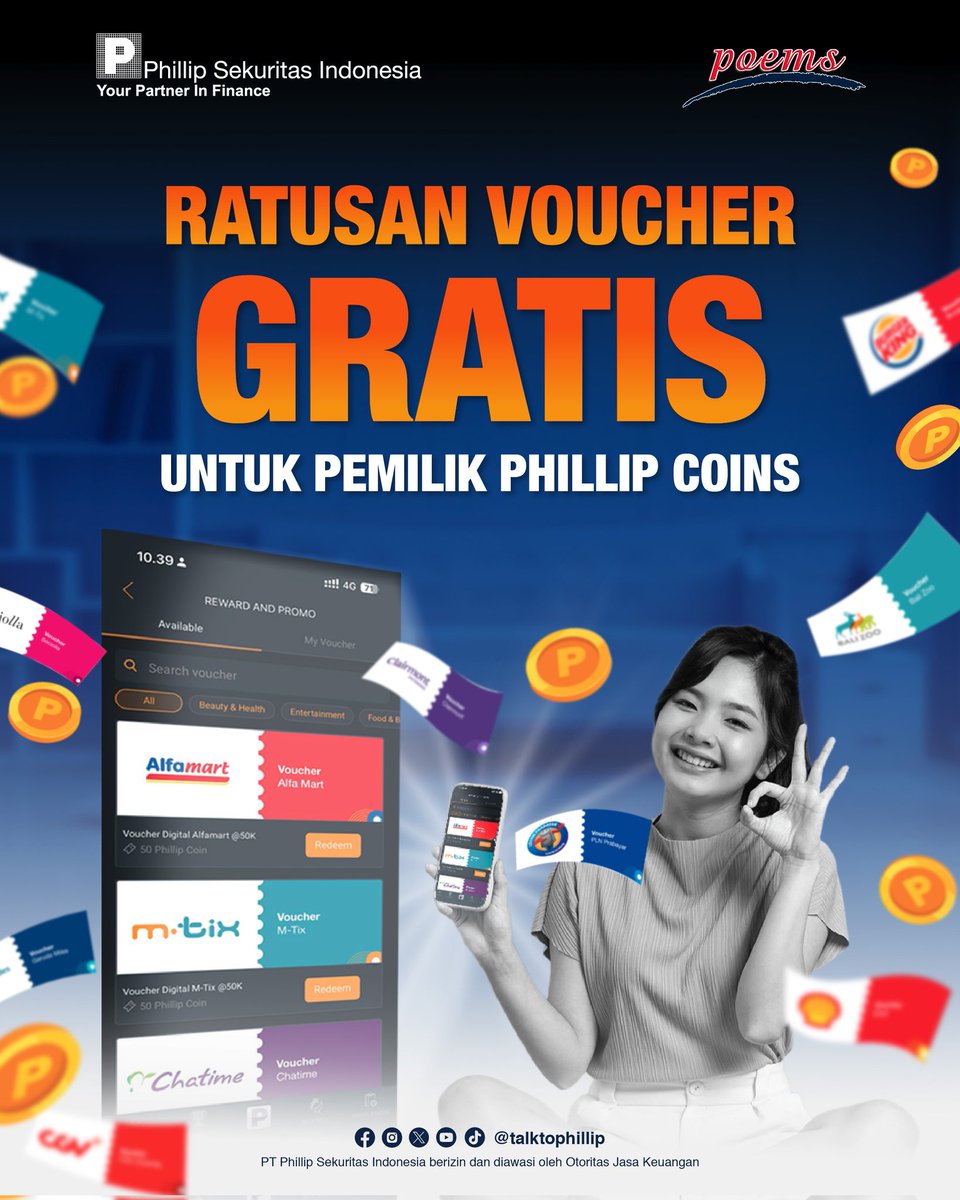 TalkToPhillip's tweet photo. Happy banget punya banyak PHILLIP COINS! 🥳🎉😍
Kamu bisa bebas tukarkan dengan beragam voucher menarik di menu Reward & Promo loh! Mulai dari voucher jajanan, belanja, cek kesehatan, liburan dan lain-lain..
#TalktoPhillip #DuitYangKerja #POEMS #SaatnyaInvestasi #PhillipCoins https://t.co/ObVZgpVyCI