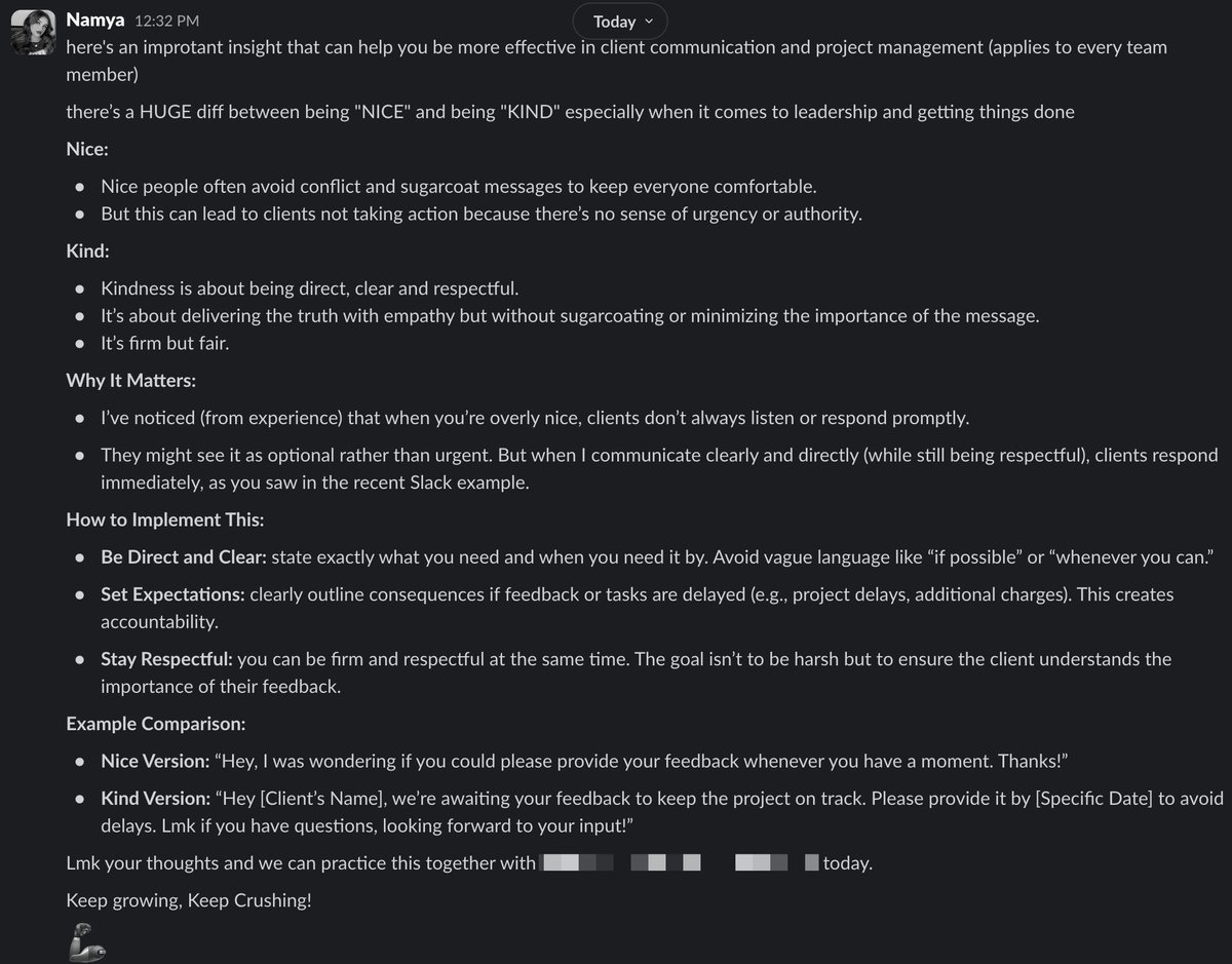 Why being 'Nice' was costing us time and money"

We weren’t getting client feedback on time and it was killing our workflow.

Turns out, being 'nice' was the problem.

I sent this to my team after clients kept delaying feedback.

Here’s how we fixed it…