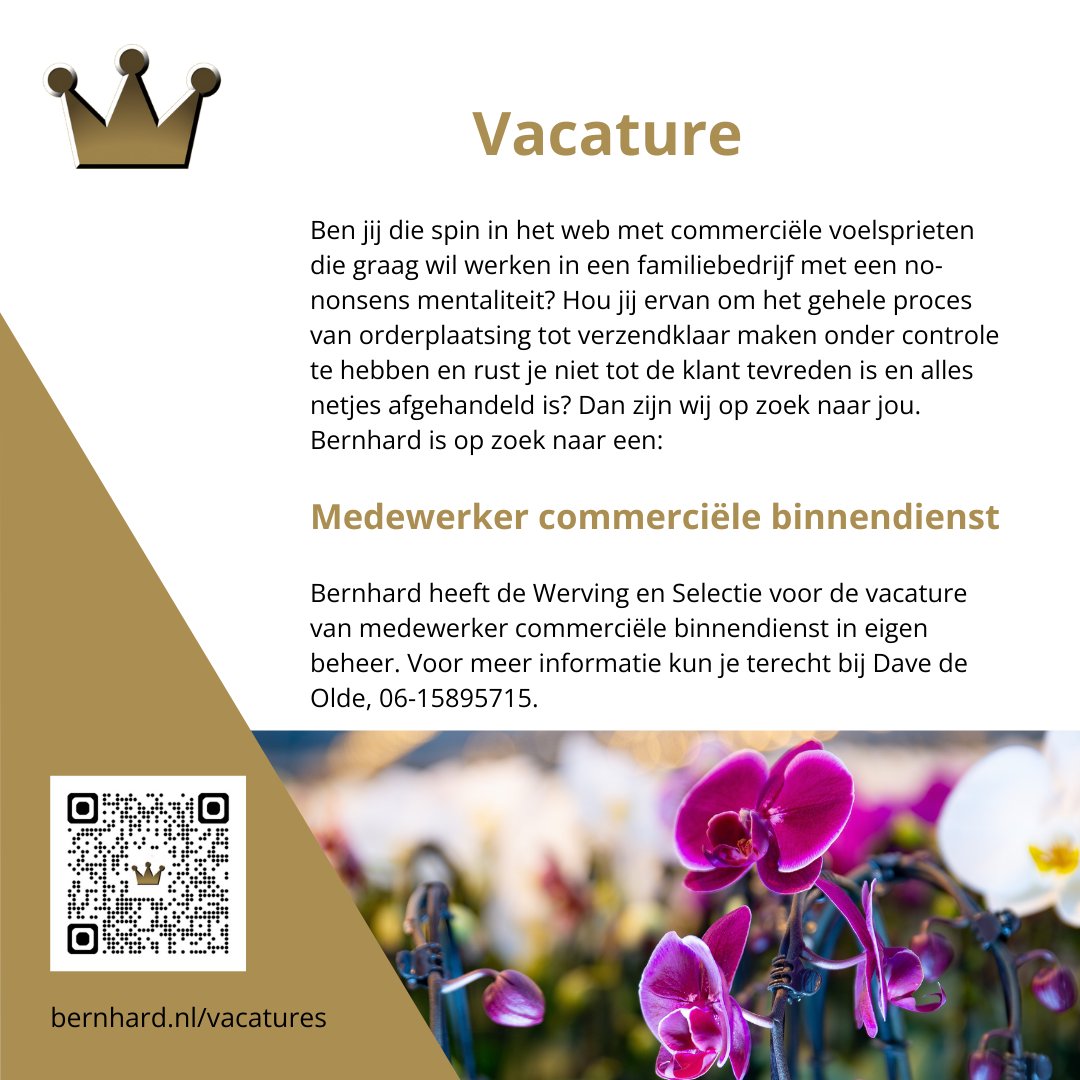 #vacature Bernhard is op zoek naar een:
Medewerker commerciële binnendienst

Lees de hele vacature op onze website: lnkd.in/eFzt9HmQ

#kwekerijbernhard #bernhardorchids #luttelgeest #noordoostpolder #commercieel