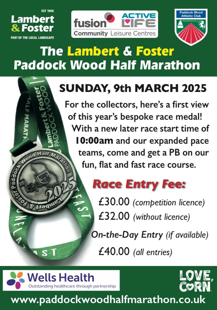 Less than 180 places remaining before we sell out and close entries.
If you are thinking of joining us on Sunday 9th March for the 35th edition of the <a href="/LambertFoster/">Lambert & Foster</a> Paddock Wood Half Marathon, don’t leave it too late.
Please note the new start time of 10am.