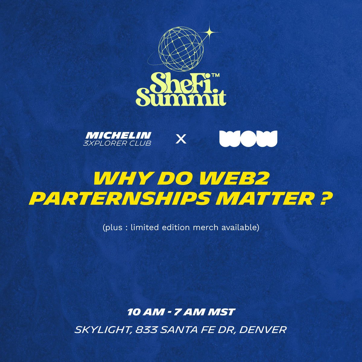 🤠 M3C at SheFi Summit - ETH Denver 🇺🇸

Catch us today at the <a href="/shefiorg/">shefi.eth (💫,💫)</a> Summit as we dive into the future of Web3 innovation! 🌐

<a href="/julllllliiiie/">Julllllliiiie</a> will take the stage, with <a href="/TheDegenesse/">Chelsea Chung</a> &amp; <a href="/dianalukye/">Diana-Luk Ye</a> from WoW, to discuss the importance of Web2 partnerships 🤝

See you there! 👀