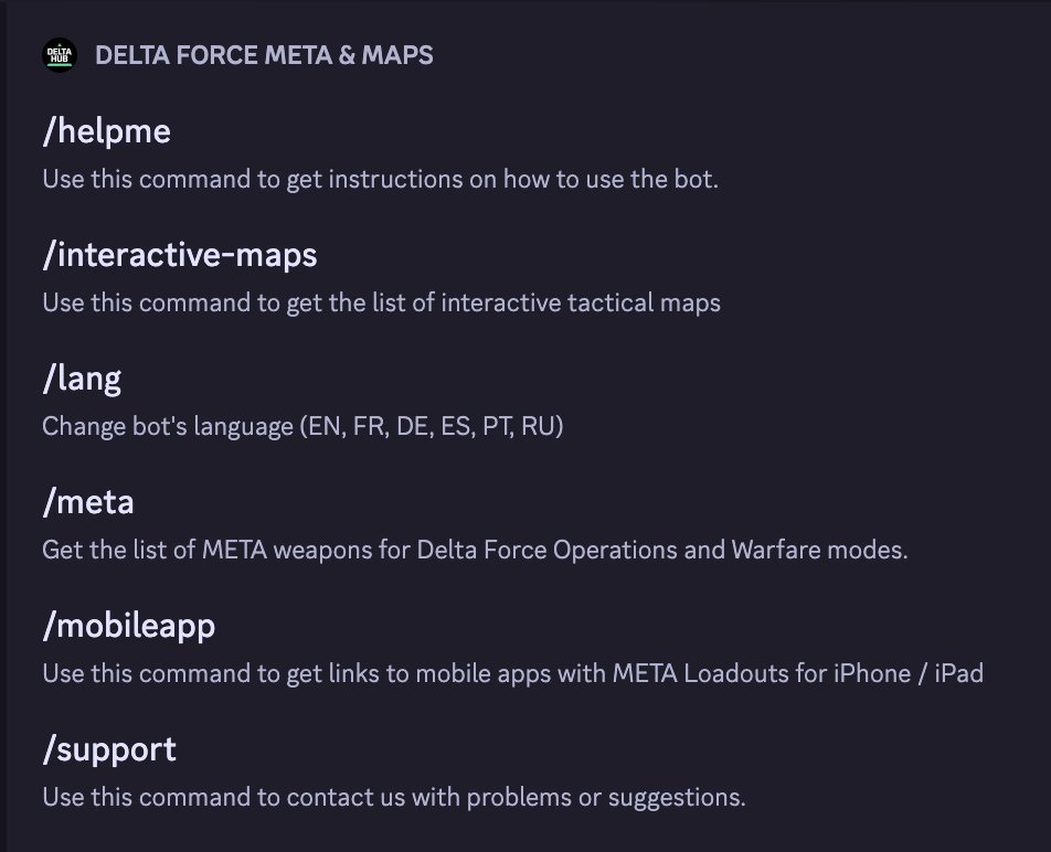 🤖Discord Bot for Delta Force servers - first-ever!

✅Absolutely FREE of charge for everyone
✅Meta Loadouts for Operations and Warfare
✅The Best Interactive Maps for Operations
✅Do not require admin permissions

Wanna invite it to your server? Find the link in the next post⬇️