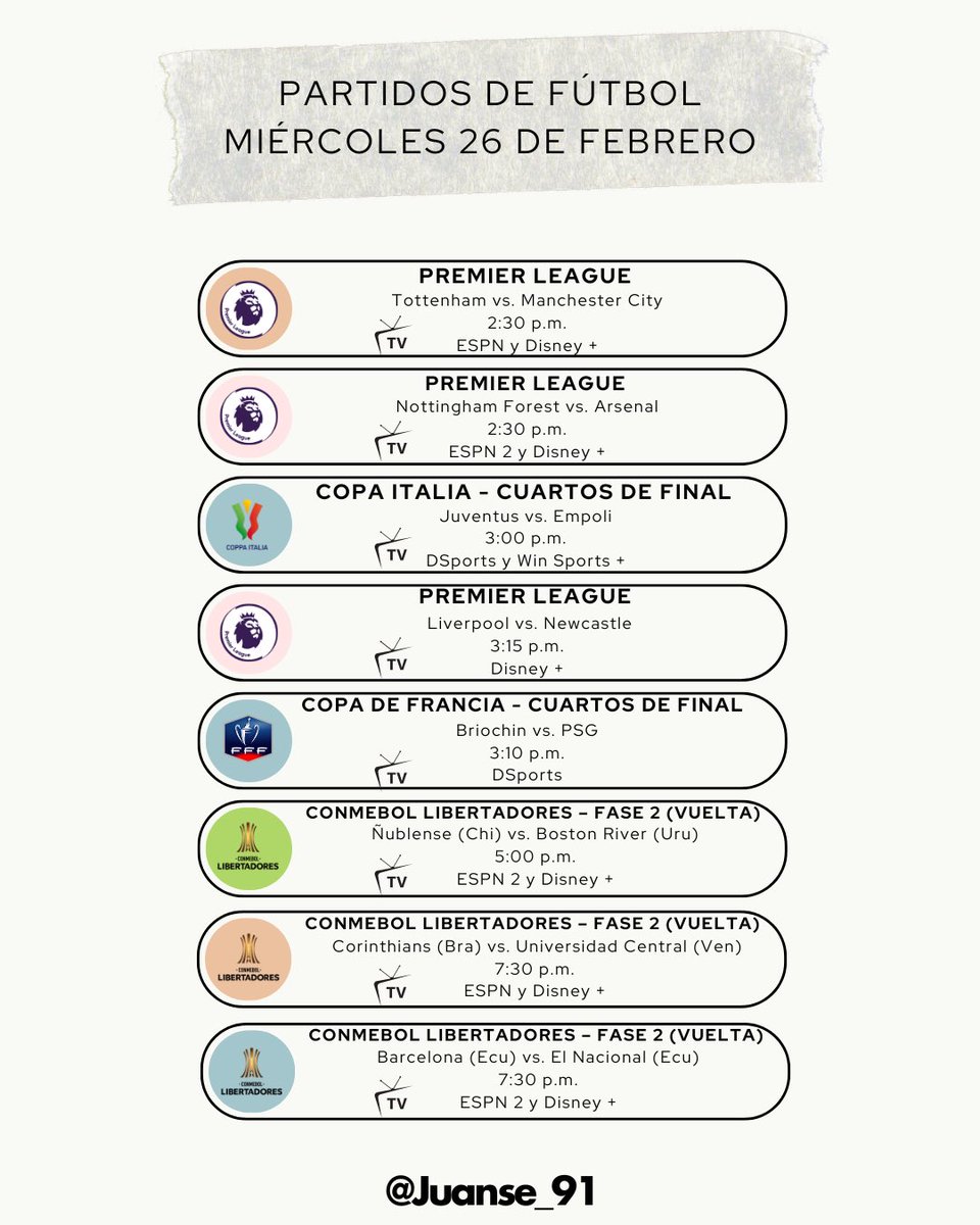 juanse_91's tweet photo. #FelizMiércoles
Tremenda acción del día.
Partidazos en #PremierLeague 🏴: #TOTMCI y #NFFCARS
#JuventusEmpoli por el paso a semifinal de la #CoppaItaliaFrecciarossa 🇮🇹
Imperdible el #LIVNEW 🏴
#SBPSG en #CoupedeFrance 🇫🇷
Más acción en la #Libertadores 🏆 https://t.co/zT0xl9oUbq
