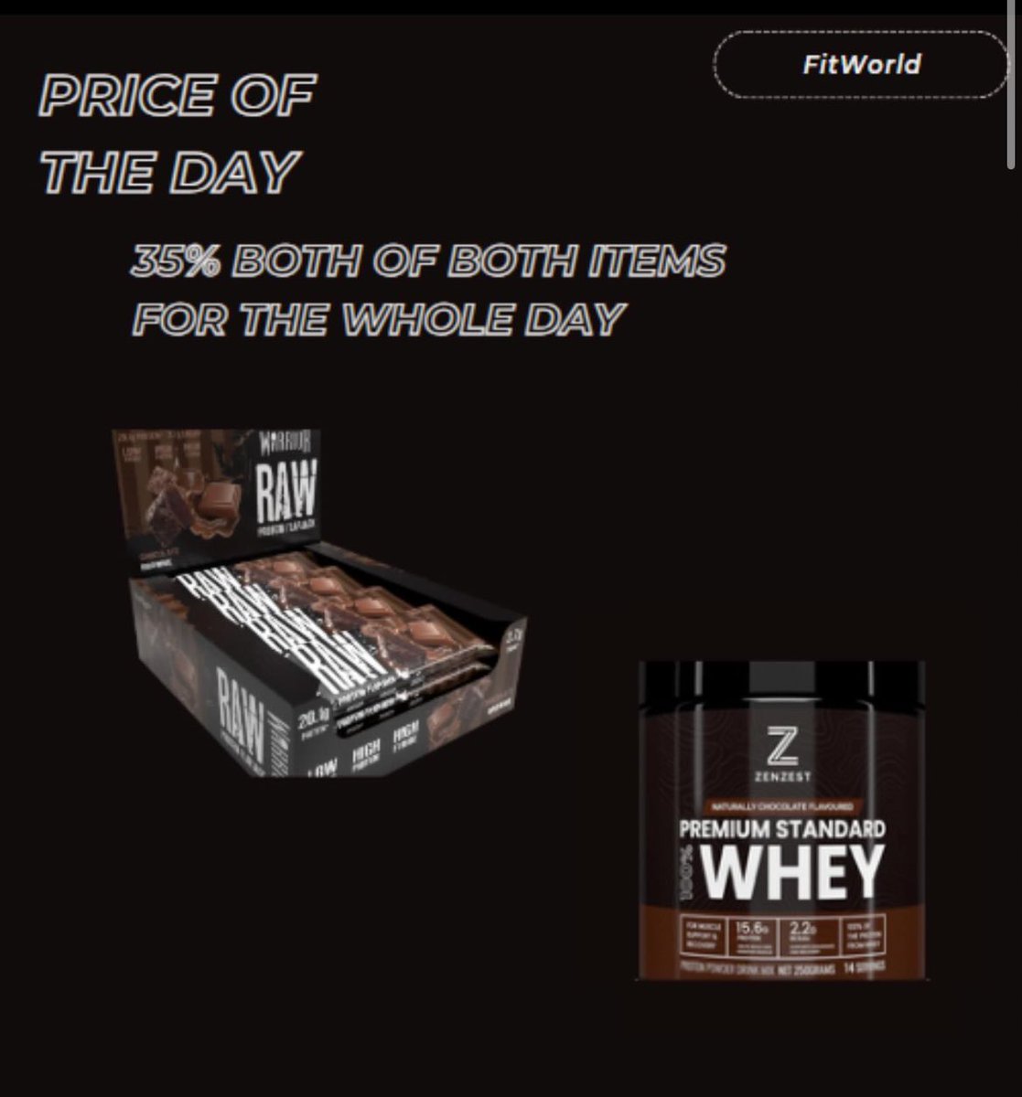 Fitworld00901's tweet photo. Take a look at our Price of the Day.
You can have a box of chocolate protein bars and creatine with a great discount of 35% disocunt.
Take advantage of that offer!💯🤩

#stayfit #offer #protein #creatine #fitworld https://t.co/waxuvpKdJL