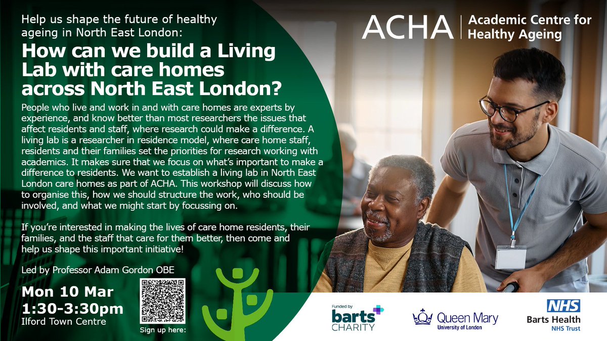Do you work in a care home in NE London, or do you work with care homes? Do you care about delivering the best possible care in this setting? 

Join our <a href="/achealthyageing/">The Academic Centre for Healthy Ageing (ACHA)</a>  about a "Care Home Living Lab" for NE London on 10th March in Ilford.

eventbrite.co.uk/e/how-can-we-b…