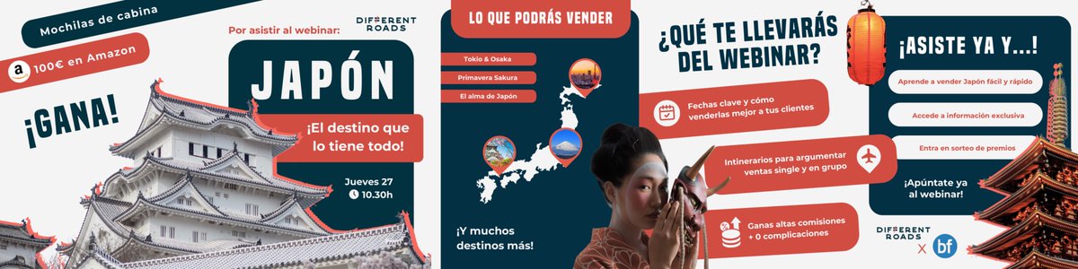 ¿Quieres ganar una tarjeta de 100€ de Amazon  o una de 2 mochilas de cabina? Asiste mañana al webinar de Japón, el destino que lo tiene todo: descubrelo con Different Roads.

⬇️⬇️¡Inscríbete aquí!⬇️⬇️
bookingfax.com/webinars/cont.…

⚠️Formación exclusiva para Agentes de Viajes