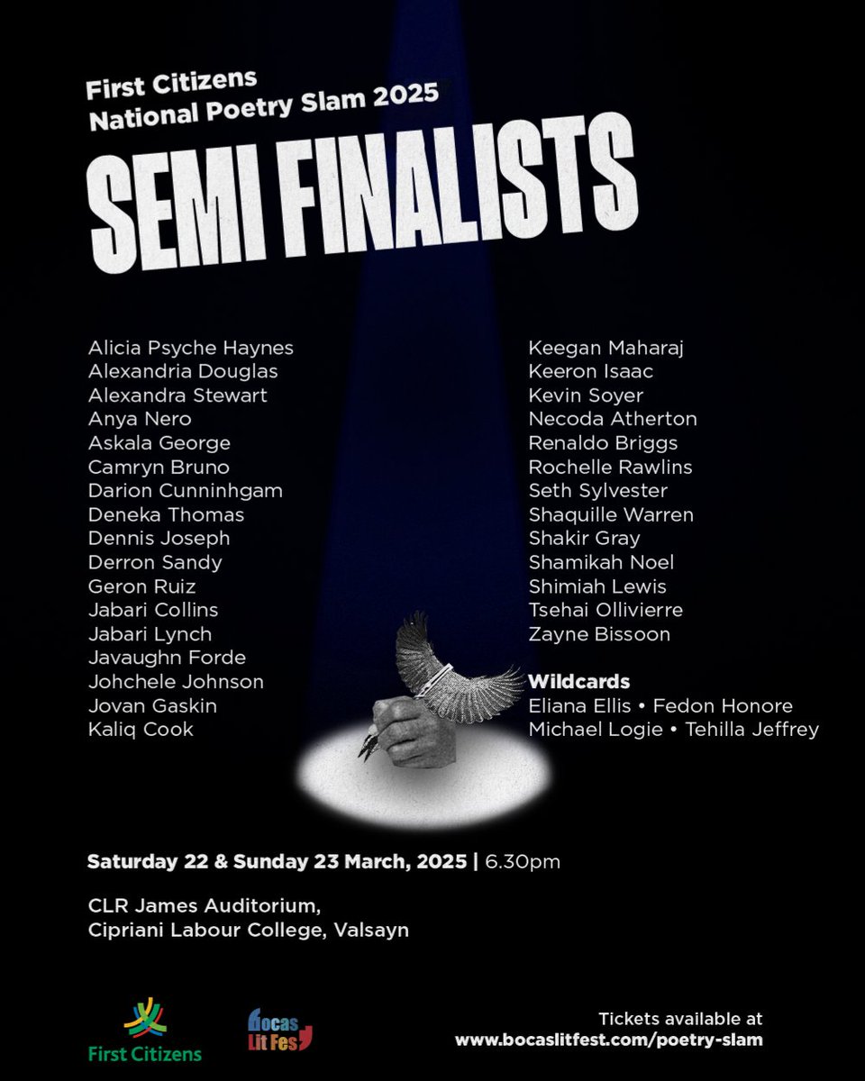 🔊The results are out &amp; we salute the 2025 First Citizens <a href="/nationalslamtt/">First Citizens National Poetry Slam</a> semifinalists 👏

30 out of 80 poets are through to the next round, with 4 Wild Cards vying for a spot.

Sponsored by <a href="/WePutYouFirst/">First Citizens</a>
Powered by <a href="/bocaslitfest/">Bocas Lit Fest</a>

#fcnps2025 #bocas2025 #BringItHome #spokenword