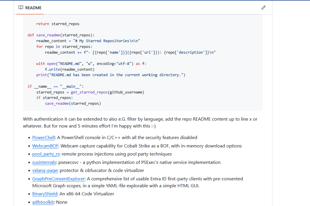 ShitSecure's tweet photo. Using the search filter for Stars on Github is usually frustrating when you have lot's of stars. That's why I created my Pentest-Tools repo initially.

Well, there is an very easy way to automate creation of such a repo - without categorization 🙃

https://t.co/y2fGzlkcSg https://t.co/6G5zF2IoZr