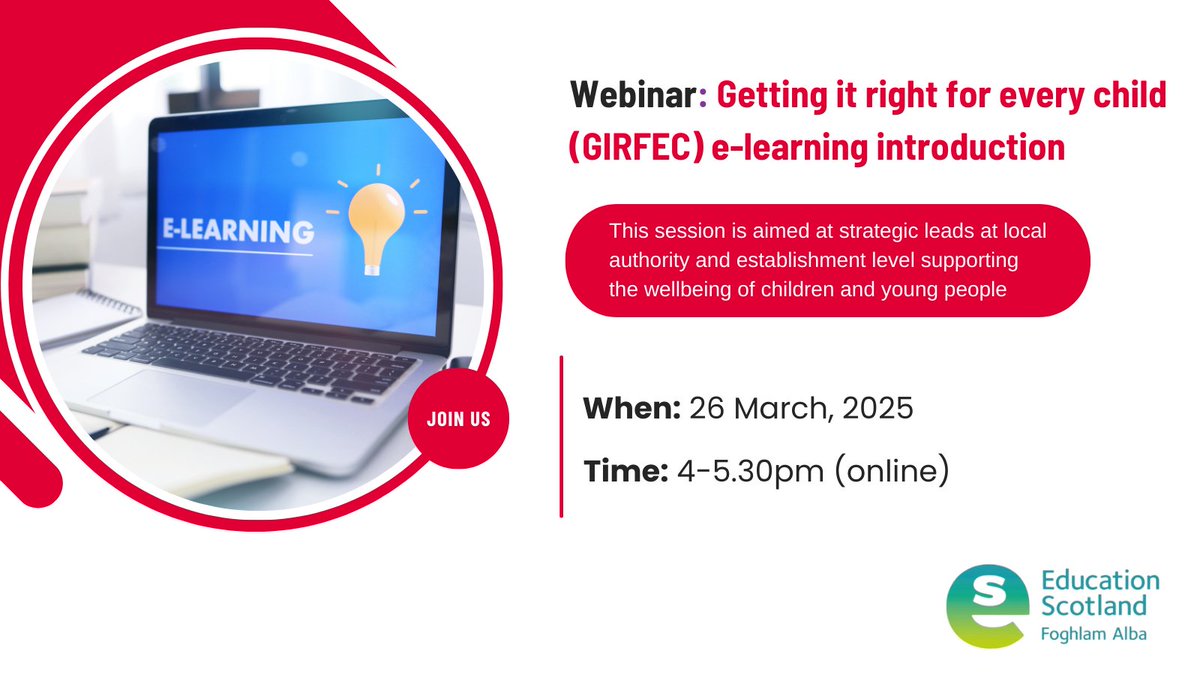 📅 Are you a strategic lead working at local authority and establishment level?

We’re hosting an online session next month to provide an overview of the NEW Getting it right for every child (GIRFEC) e-learning. 

Hold the date in your diary now &amp; sign up: ow.ly/KTU050V5UES